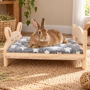 May include: A small wooden pet bed featuring a headboard shaped like rabbit ears with a carved face. The bed includes a soft, gray and white star-patterned plush mattress. A brown rabbit is resting on the bed, which has a light natural wood finish.