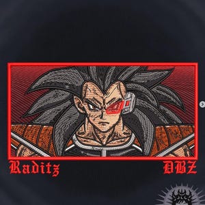 May include: An embroidered rectangular patch featuring the character Raditz with long black hair, wearing orange and black armor, and a red scouter over one eye. The text Raditz and DBZ is embroidered in red gothic font below the rectangular frame.