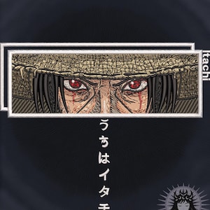 May include: A rectangular embroidered patch featuring a detailed illustration of a character with intense red eyes, wearing a textured straw hat. The design includes the text Itachi and Japanese characters, with a white border on a dark background.