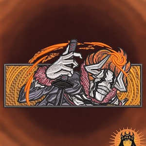 Könnte beinhalten: Ein rechteckiger Stickaufnäher mit einer stilisierten Figur mit weißer Maske, dunkler Rüstung und orangefarbenem Haar, die ein Schwert hält. Das Design enthält orangefarbene, wirbelnde Energieeffekte sowie den Text DAVISJP und AJP.