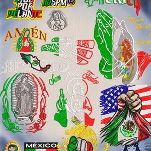 May include: A collection of embroidered patches featuring Mexican cultural and religious imagery, including the Virgin of Guadalupe, praying hands with the Mexican flag, a clenched fist, the word Mexico, and various religious text in red, green, and white.