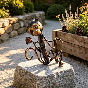 Rustic Metal Monkey Figurine, Mother & Baby Iron Statue, Hanging Yard Art, Farmhouse Garden Decor, Home Shelf Ornament, Monkey Lover Gift