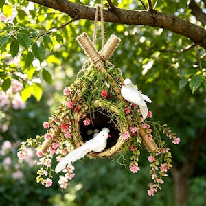Mossy Woven Bird Nest Decor with Doves and Eggs, Rustic Farmhouse Garden Accent