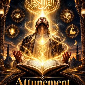 Op de afbeelding: Een digitale illustratie met een persoon met opgeheven handen naar een gloeiend open boek. Boven het boek staat Arabische tekst en onderaan het woord "Attunement". Vier ronde iconen met een oog, brein, schild en arm omringen de centrale figuur, tegen een donkere, sierlijke architecturale achtergrond met gouden licht.