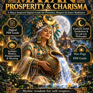 May include: A digital guide titled MAYAN PROSPERITY & CHARISMA featuring an illustration of a figure with a crescent moon headdress pouring water from a patterned vessel. The graphic includes text boxes detailing PDF guide features and philosophy.