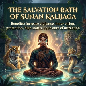 May include: A digital illustration titled THE SALVATION BATH OF SUNAN KALIJAGA featuring a person in traditional attire meditating in water, flanked by a tiger and a crowned cobra, with text listing benefits like vigilance and protection.