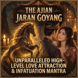 May include: A digital illustration featuring the text THE AJIAN JARAN GOYANG and UNPARALLELED HIGH-LEVEL LOVE ATTRACTION & INFATUATION MANTRA. The image displays a black horse surrounded by golden flames, alongside a couple in traditional attire.