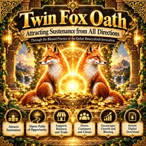 May include: A digital graphic titled Twin Fox Oath featuring two red foxes flanking a glowing golden orb and a bowl of gold coins. The text reads Attracting Sustenance from All Directions, Through the Blessed Practice of the Qohar Banayuhruh Invocation, and lists six benefits including Attracts Sustenance, Opens Paths of Opportunity, Supports Business and Trade, Draws Customers and Clients, Encourages Growth and Blessing, and Instant Digital Download.