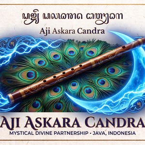 May include: A brown wooden flute with carved patterns rests over a vibrant peacock feather fan and a glowing blue crescent moon. The text reads Aji Askara Candra, Mystical Divine Partnership, Java, Indonesia, and includes Javanese script.