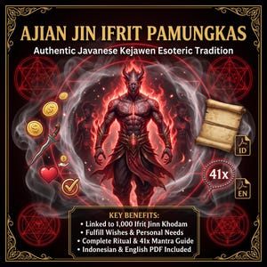 May include: A digital graphic titled AJIAN JIN IFRIT PAMUNGKAS featuring a central red-glowing demonic figure surrounded by smoke, a scroll, a dagger, gold coins, and a prayer bead icon. Text includes KEY BENEFITS and Indonesian and English PDF.