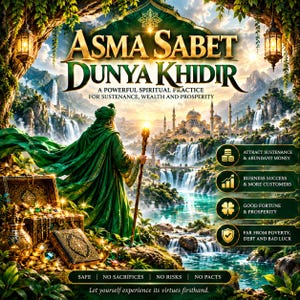 以下が含まれることがあります： ASMA SABET DUNYA KHIDIR, A POWERFUL SPIRITUAL PRACTICE FOR SUSTENANCE, WEALTH AND PROSPERITYというテキストが描かれたデジタルイラスト。緑のローブを着た人物が、宝箱、本、滝の風景のそばで杖を持っている様子が表現されています。