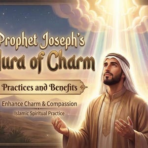 Könnte beinhalten: Eine digitale Illustration eines Mannes in traditioneller Kleidung mit Bart und Kopfbedeckung, die Hände zum Gebet erhoben. Der Text lautet: Prophet Joseph's Aura of Charm, Practices and Benefits, Enhance Charm & Compassion, Islamic Spiritual Practice.