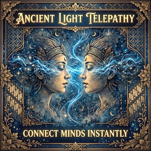 May include: A square graphic print featuring the text ANCIENT LIGHT TELEPATHY at the top and CONNECT MINDS INSTANTLY at the bottom. Two profiles face each other with glowing blue light connecting their foreheads, set in a dark ornate frame.