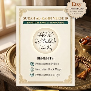 Puede incluir: Una impresión digital titulada Surah Al-Kahfi Verse 19 Spiritual Protection Guide. El documento de color crema presenta caligrafía árabe y una lista de beneficios que incluyen protección contra el veneno, la magia negra y el mal de ojo.