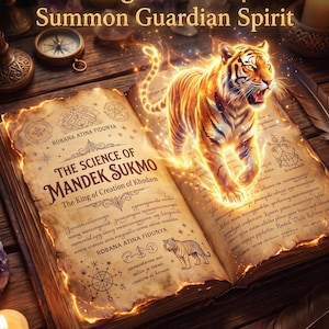 May include: An open book with aged, burnt-edge pages featuring the text "Magick Ritual Summon Guardian Spirit" and "The Science of Mandek Sukmo". A glowing, fiery tiger emerges from the pages, surrounded by mystical symbols and printed illustrations.