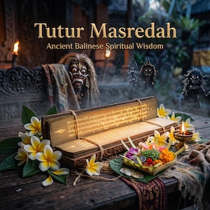 Può includere: Un manoscritto in legno lontar con scrittura balinese incisa, intitolato Tutur Masredah Ancient Balinese Spiritual Wisdom, esposto con fiori di frangipane bianchi e gialli, un piccolo cesto di offerte e una lampada a olio accesa.