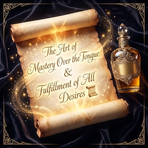 Può includere: Una pergamena con il testo The Art of Mastery Over the Tongue & Fulfillment of All Desires, accompagnata da una piccola icona a forma di pergamena e una bottiglia di vetro con etichetta dorata decorata e tappo di cristallo, illuminata.