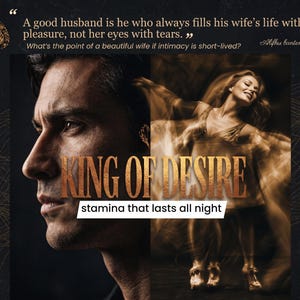Könnte beinhalten: Eine Werbegrafik mit dem Profil eines Mannes auf der linken Seite und einer tanzenden Frau auf der rechten Seite. Der Text lautet: A good husband is he who always fills his wife's life with pleasure, not her eyes with tears. KING OF DESIRE stamina that lasts all night.