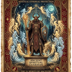 May include: A rectangular poster featuring a central armoured figure with a horned helmet, holding a staff and shield, standing on a pedestal labelled ANCIENT SPIRITUAL GUARDIAN. Surrounded by glowing spirits, text reads MYSTICAL ETHEREAL PROTECTION and THE 21 SPIRITS OF ANCESTRY.