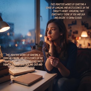May include: A person sits at a desk with books and a notebook, holding a small object while looking out a window. Text reads: THIS PRACTICE WORKS BY IGNITING A SENSE OF LONGING AND RESTLESSNESS IN THE TARGET'S HEART, ENSURING THEY CONSTANTLY THINK OF YOU.