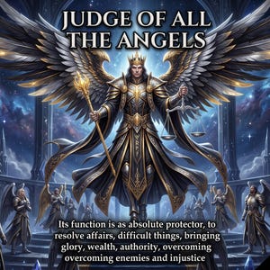 Puede incluir: Una ilustración digital con una figura alada central que lleva una corona y armadura, sosteniendo un cetro dorado y una balanza. El texto dice JUDGE OF ALL THE ANGELS e incluye una descripción de su función como protector absoluto.