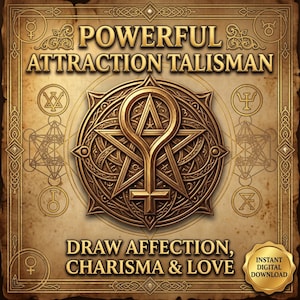 May include: A square graphic featuring a central bronze-toned circular emblem with a star and planetary symbol. The text reads POWERFUL ATTRACTION TALISMAN and DRAW AFFECTION, CHARISMA & LOVE. A gold seal in the corner states INSTANT DIGITAL DOWNLOAD.