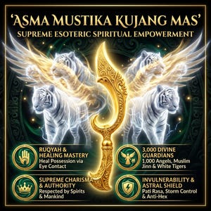 Op de afbeelding: Een gouden Kujang-mes met ingewikkelde gravures, gecentreerd tussen vier etherische witte tijgers met gloeiende vleugels. De tekst luidt ASMA MUSTIKA KUJANG MAS, SUPREME ESOTERIC SPIRITUAL EMPOWERMENT, RUQYAH & HEALING MASTERY, 3,000 DIVINE GUARDIANS.