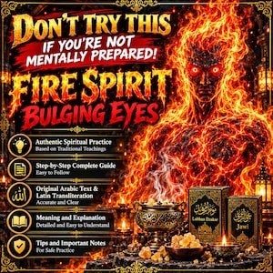Op de afbeelding: Een promotionele afbeelding met een vurige humanoïde figuur met gloeiende rode ogen, de tekst DON'T TRY THIS IF YOU'RE NOT MENTALLY PREPARED! FIRE SPIRIT BULGING EYES, en een lijst met spirituele praktijkkenmerken naast wierookbranders en hars.