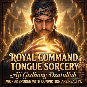 May include: A digital illustration featuring a person in a dark robe and patterned headwrap, hands glowing with golden light. Text reads: ROYAL COMMAND TONGUE SORCERY, Aji Gedhong Dzatullah, WORDS SPOKEN WITH CONVICTION ARE REALITY. A small bottle is visible.