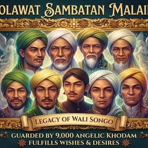 Könnte beinhalten: Ein digitaler Druck mit neun Figuren in Turbanen in einem verzierten Goldrahmen. Der Text lautet: SHOLAWAT SAMBATAN MALAIKAT, LEGACY OF WALI SONGO, INSTANT DIGITAL DOWNLOAD, GUARDED BY 9,000 ANGELIC KHODAM, FULFILLS WISHES & DESIRES vor einem Sternenhimmel.