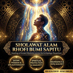 May include: A digital graphic featuring a person with eyes closed, bathed in golden light and geometric patterns. Text reads: SHOLAWAT ALAM RHOFI BUMI SAPITU, Greetings of Ancient Mysticism across the Archipelago (Nusantara), DIVINE WISDOM & ENLIGHTENMENT, SPIRITUAL PROTECTION & IMMUNITY, ABUNDANCE & RIZQ MAGNET, HIGH-RESOLUTION PDF - INSTANT DOWNLOAD.
