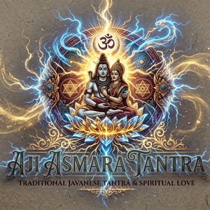 Peut inclure: Une illustration numérique représentant Shiva et Parvati assis sur une fleur de lotus, entourés d'un mandala circulaire, d'éclairs bleus lumineux et du texte AJI ASMARA TANTRA TRADITIONAL JAVANESE TANTRA & SPIRITUAL LOVE.