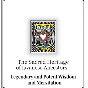 May include: A white document with black decorative corners featuring a central emblem with a red heart, white lotus, and crossed swords. Text reads: The Sacred Heritage of Javanese Ancestors, Legendary and Potent Wisdom and Mersitation, SHT CULTURAL GUIDE 2024.