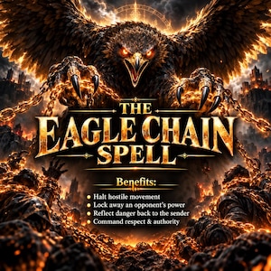 Può includere: Un grafico digitale con una grande aquila dagli occhi arancioni luminosi e ali spiegate, che tiene catene dorate. Il testo recita THE EAGLE CHAIN SPELL ed elenca benefici tra cui Halt hostile movement, Lock away an opponent's power, Reflect danger back to the sender e Command respect & authority.