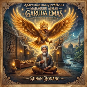 May include: A digital illustration featuring a golden Garuda bird with glowing wings above a bearded person in a turban sitting in a meditative pose. The text reads Addressing many problems, MAHAGURU ASMAK GARUDA EMAS, and SUNAN BONANG.