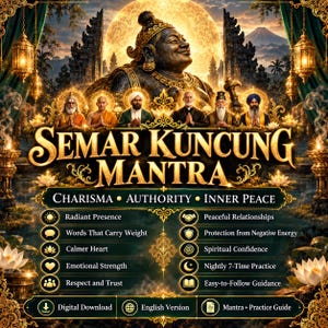 Puede incluir: Un póster digital titulado Semar Kuncung Mantra con una gran figura de deidad central, seis figuras más pequeñas y texto dorado que enumera beneficios como Carisma, Autoridad y Paz Interior, incluyendo iconos de práctica y descarga.