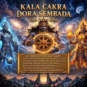 May include: A digital illustration featuring three figures in ornate armor. The central figure holds a glowing golden wheel. Text reads: KALA CAKRA DORA SEMBADA, Kala Cakra King, and a list of benefits including total mystical and physical protection.
