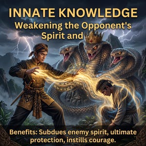 May include: A digital illustration featuring a person in traditional attire casting golden energy toward a kneeling figure, with a three-headed cobra wearing a crown behind them. Text reads: INNATE KNOWLEDGE, Weakening the Opponent's Spirit and, Benefits: Subdues enemy spirit, ultimate protection, instills courage.