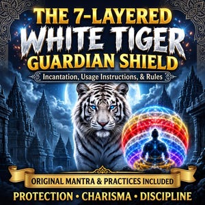 Puede incluir: Un gráfico digital con un tigre blanco de ojos azules sobre una persona meditando dentro de una esfera de energía multicolor. El texto dice: THE 7-LAYERED WHITE TIGER GUARDIAN SHIELD, Incantation, Usage Instructions, & Rules, ORIGINAL MANTRA & PRACTICES INCLUDED, PROTECTION • CHARISMA • DISCIPLINE.