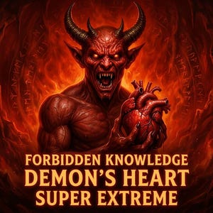 Könnte beinhalten: Ein rothäutiger Dämon mit Hörnern und leuchtenden Augen hält ein menschliches Herz in seinen Händen vor einem feurigen Hintergrund. Der Text FORBIDDEN KNOWLEDGE DEMON'S HEART SUPER EXTREME ist unten in Gelb auf dieser dunklen Illustration gedruckt.