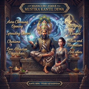 Puede incluir: Una ilustración digital que muestra a un hombre con vestimenta tradicional javanesa con una gran corona y una mujer con kebaya, sentados en una plataforma de piedra ornamentada. El texto incluye MAHAGURU ASMAK MUSTIKA KANTIL DEWA, Aura Cleansing, Spreading Charm, Charisma, Love Attraction, Authority, Comfort, Allure and Magnetism, y KANTIL DEWA - PUSAKA AJI KASEPUHAN.