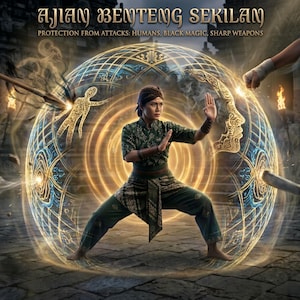 Peut inclure: Une personne en tenue traditionnelle vert foncé à motifs adopte une posture défensive à l'intérieur d'un bouclier énergétique circulaire doré. Le texte indique AJIAN BENTENG SEKILAN et PROTECTION FROM ATTACKS: HUMANS, BLACK MAGIC, SHARP WEAPONS.