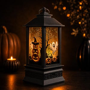 Halloween LED Lantern, Flameless Candle Light with Witch, Pumpkin, Ghost or Castle Design