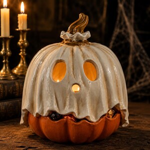 Vintage Style Pumpkin Candle Holder & Candy Bowl, Hand-Painted Resin Halloween Table Decor