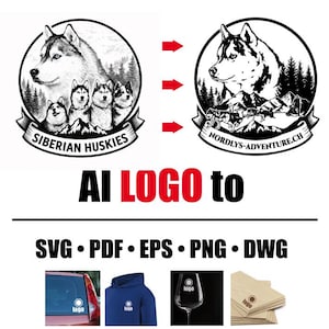 May include: A graphic design service display showing two circular black and white husky logos, one labeled SIBERIAN HUSKIES and one NORDLYS-ADVENTURE.CH, with text AI LOGO to SVG, PDF, EPS, PNG, DWG and examples on a car window, hoodie, glass, and paper.