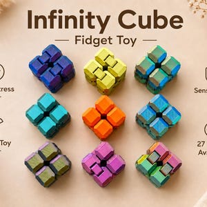 Könnte beinhalten: Neun Infinity-Cube-Fidget-Toys in einer Gitteranordnung, in verschiedenen metallischen und soliden Farben wie Blau, Gelb, Grün, Orange und Violett. Der Text Infinity Cube Fidget Toy steht zentriert darüber, ergänzt durch Symbole und Beschriftungen für Anti-Stress, Sensory Toy, Desk Toy und 27 Colors Available.