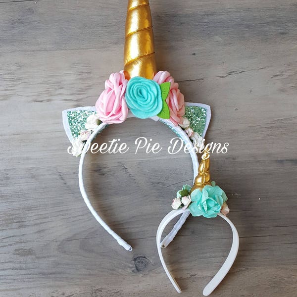 Matching Dolly and Me Magical Gold Aqua and Pink Floral Unicorn Horn Floral Headband Set Dress Up Costume Accessory