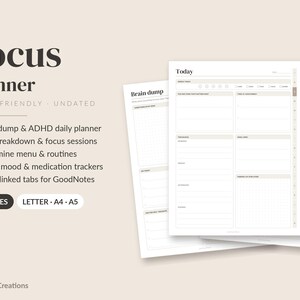 May include: A digital Focus Planner with 19 pages in Letter, A4, and A5 sizes. The planner features sections for a brain dump, daily tasks, dopamine menu, routines, and habit trackers. It includes hyperlinked tabs for GoodNotes and is undated.