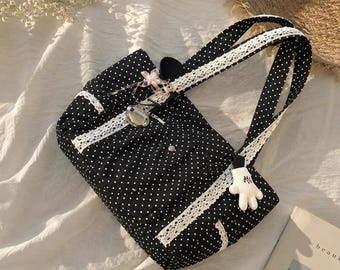 Black Polka Dot Lace Tote Bag – Cute Everyday Canvas Shoulder Bag with Spacious Interior