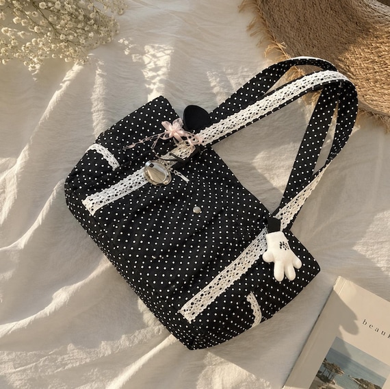 Black Polka Dot Lace Tote Bag – Cute Everyday Canvas Shoulder Bag with Spacious Interior